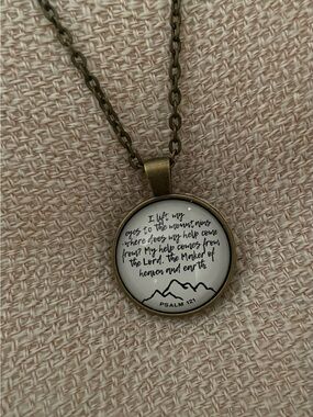 Antique Brass Psalm 121 Pendant Necklace in White and Brass